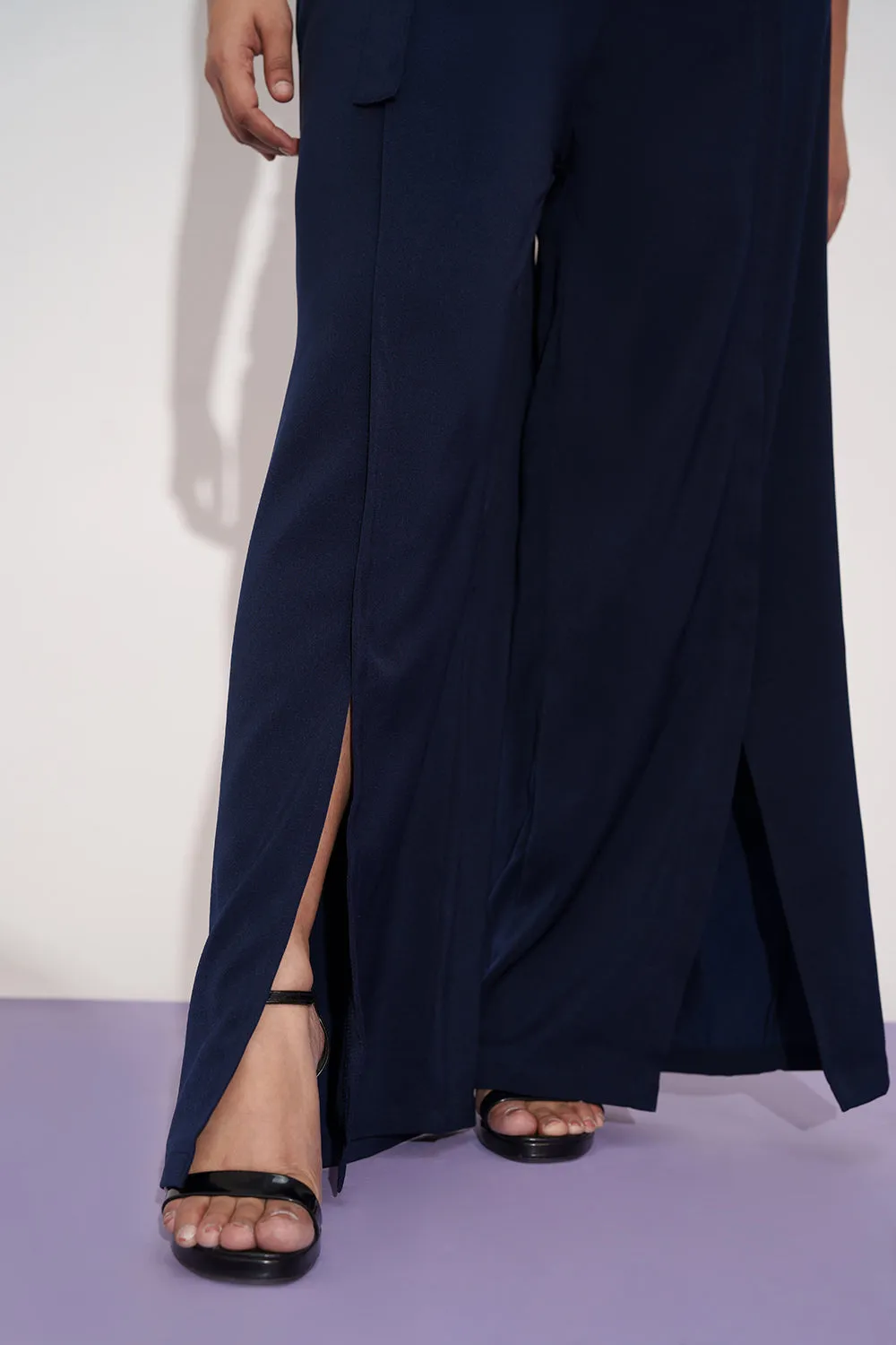 Mystic Navy Curve Belted Flared Korean Pants