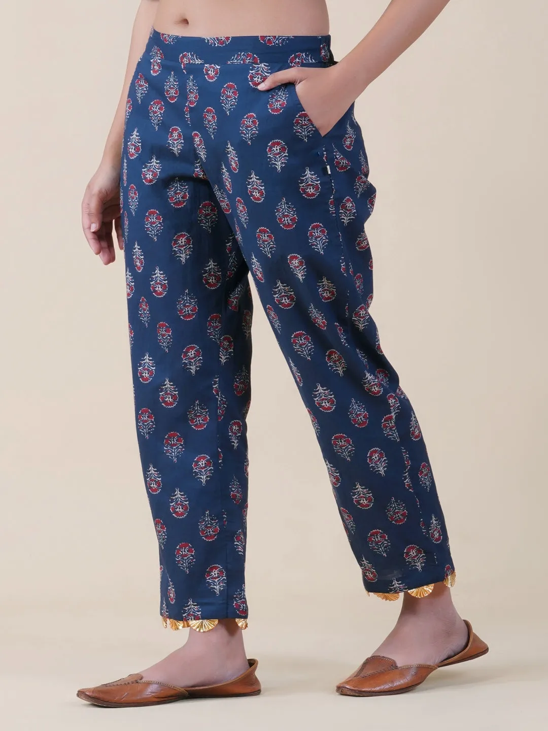 Navy Ajrakh Print Pants With Gota Flowers