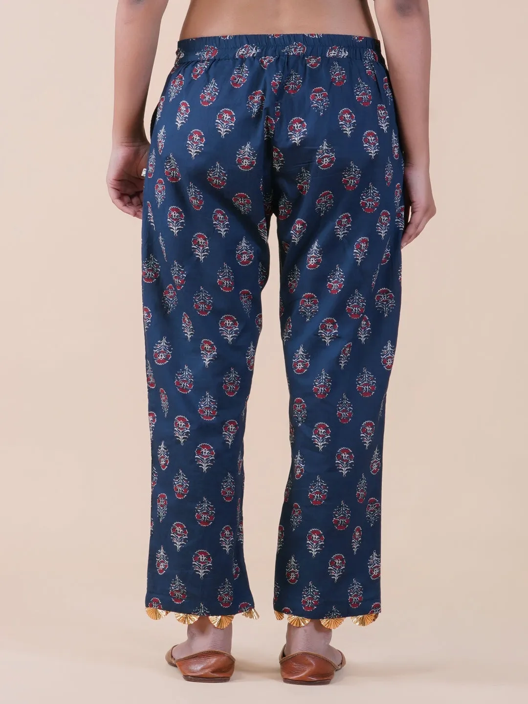 Navy Ajrakh Print Pants With Gota Flowers