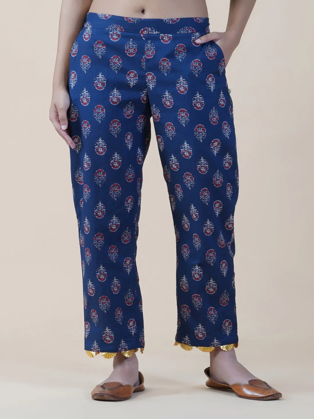 Navy Ajrakh Print Pants With Gota Flowers