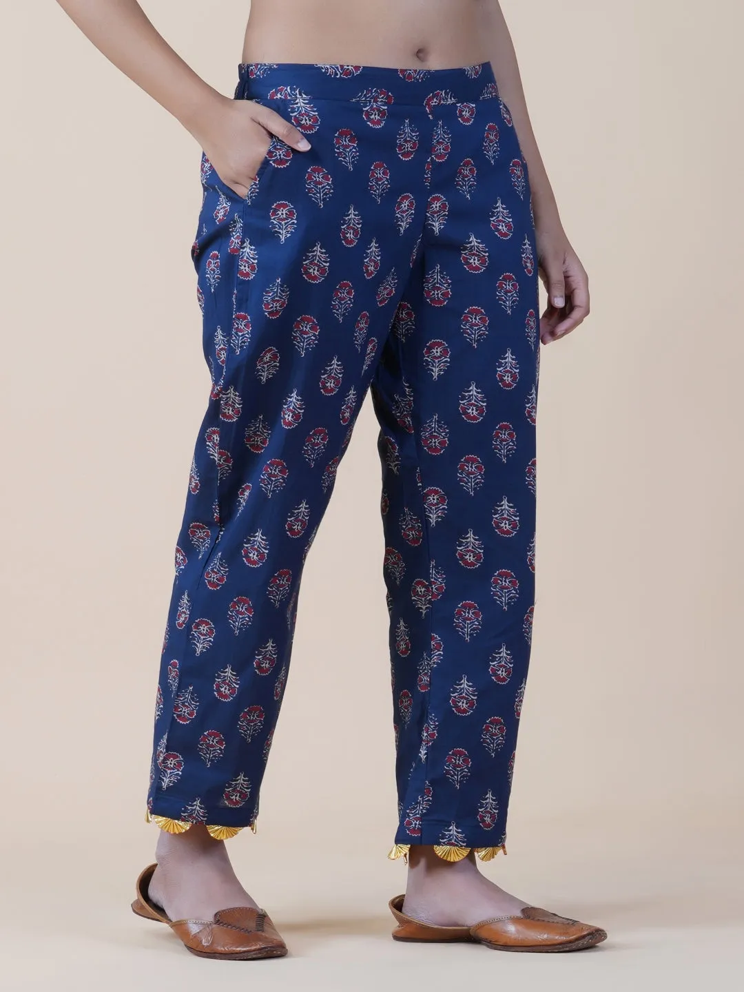 Navy Ajrakh Print Pants With Gota Flowers