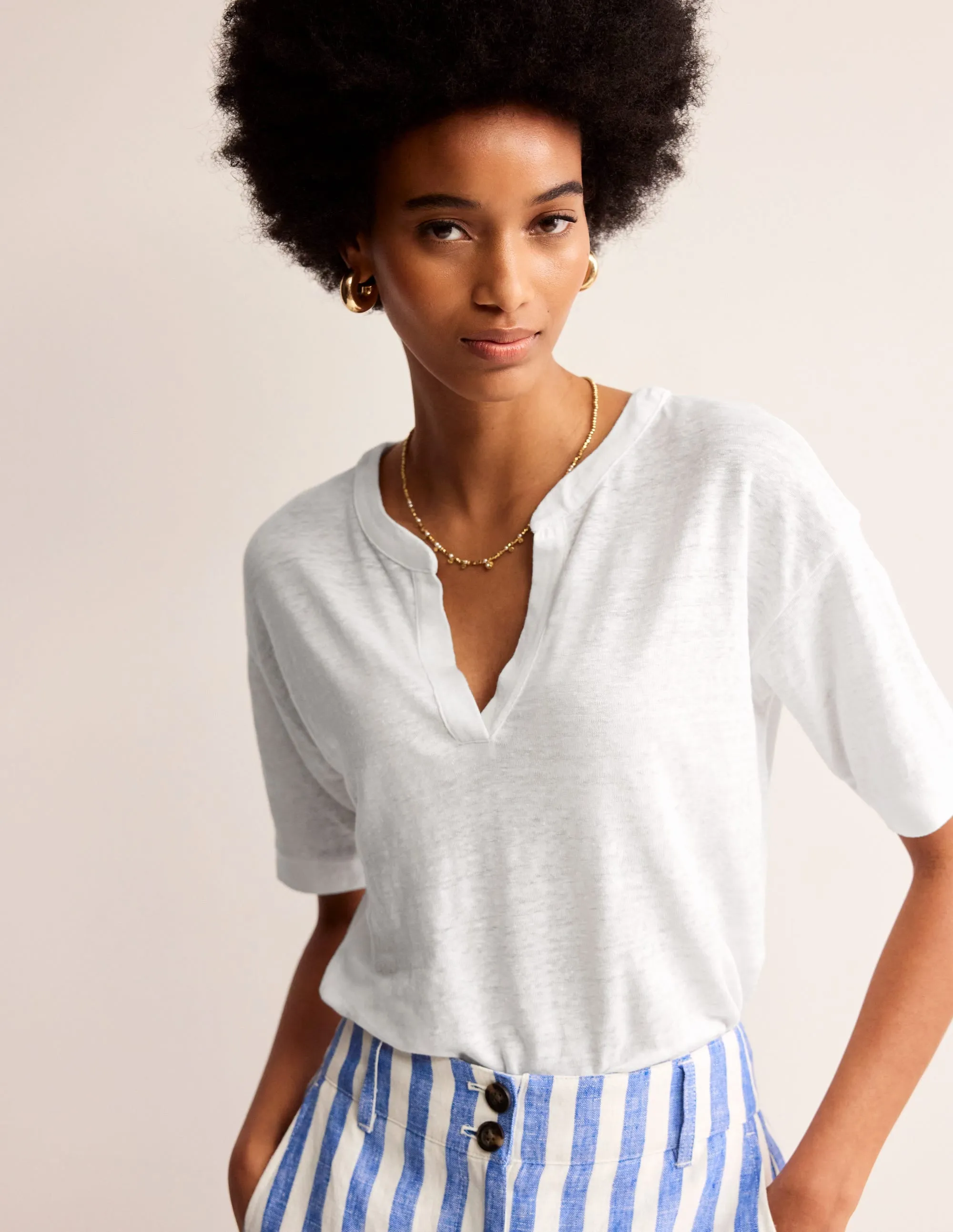 Notch Neck Linen Henley Top-White