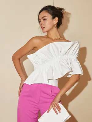 One Shoulder Ruched Ruffle Trim Blouse