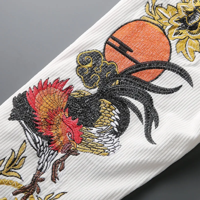 Oriental Style Rooster Embroidery Decorated Pants