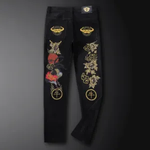 Oriental Style Rooster Embroidery Decorated Pants