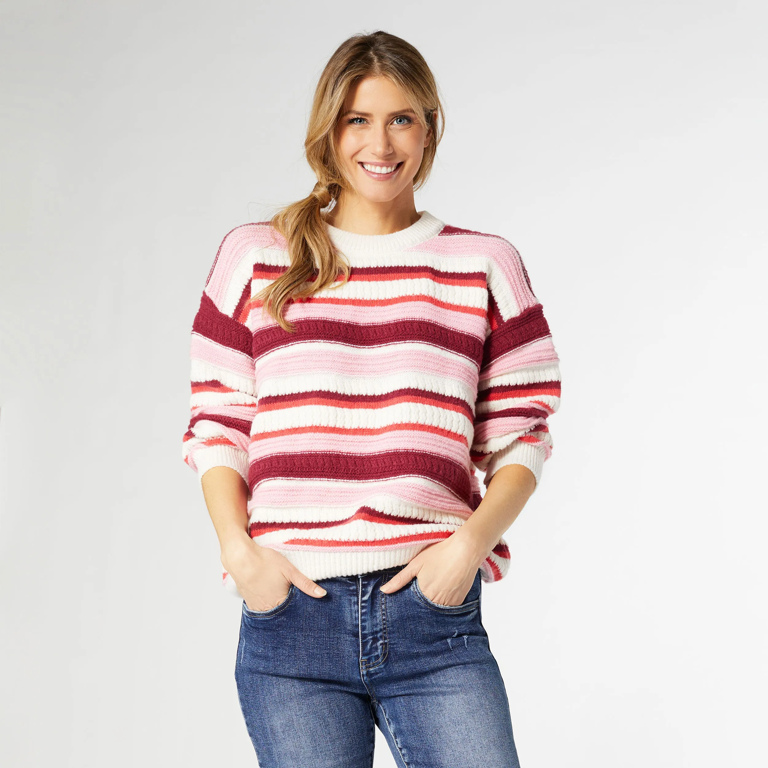 Paloma Textured Stripe Crew Neck Sweater - Pink Stripes