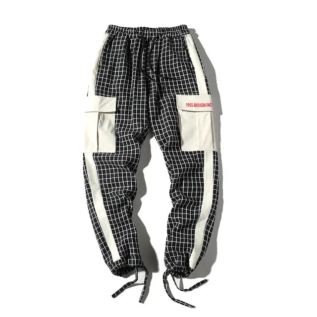 Plaid with Patchwork Side Pocket Streetwear Joggers Hip Hop Casual Men Pants