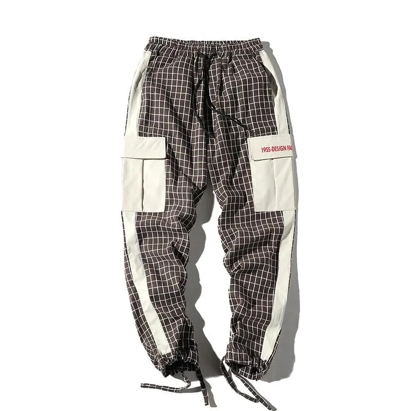 Plaid with Patchwork Side Pocket Streetwear Joggers Hip Hop Casual Men Pants