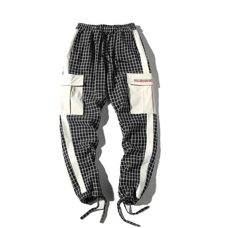 Plaid with Patchwork Side Pocket Streetwear Joggers Hip Hop Casual Men Pants