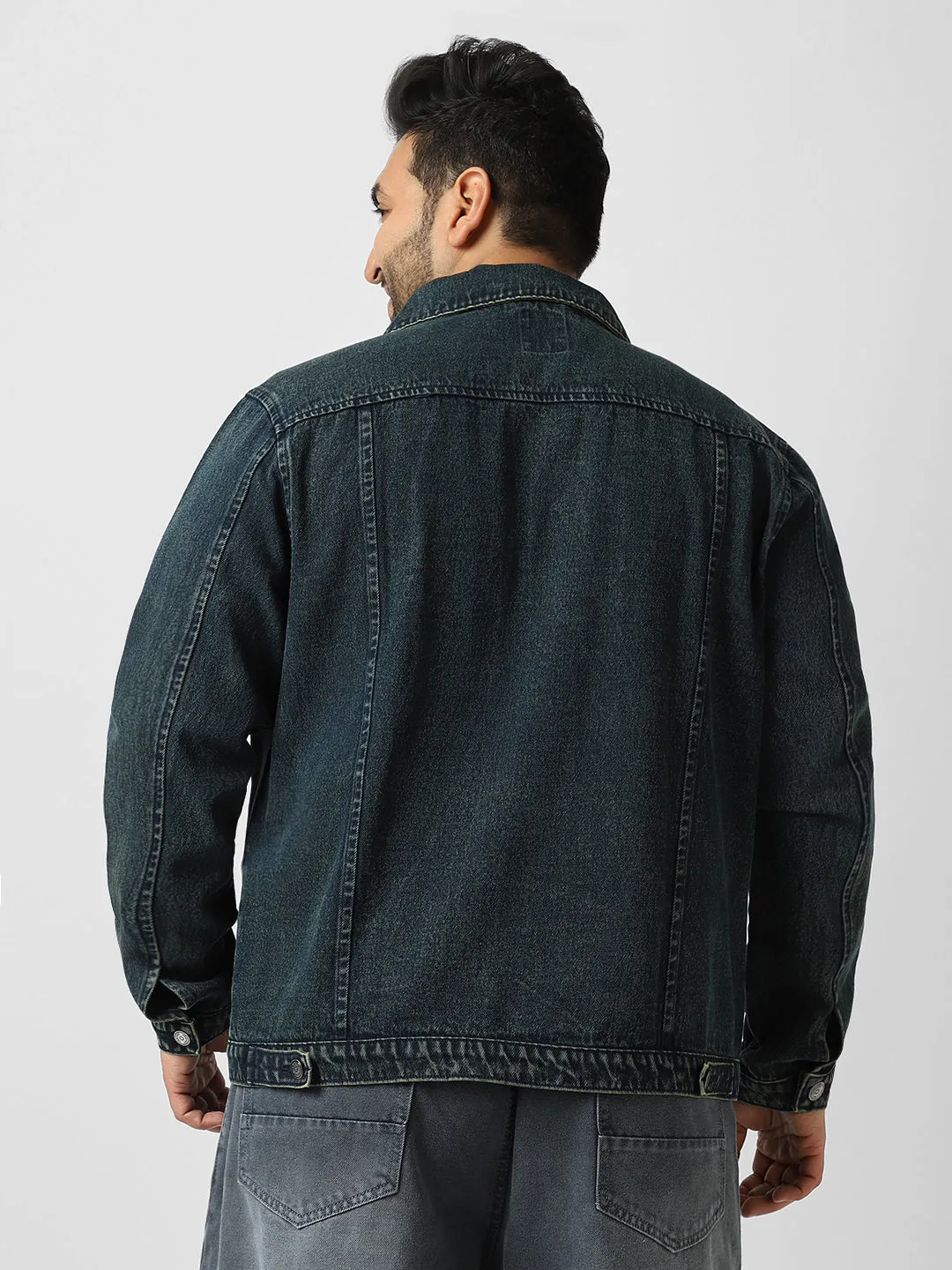 Plus Men's Dark Blue Regular Fit Washed Full Sleeve Denim Jacket