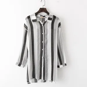 Plus Size Women Slim Look Korean Shirt Striped Casual Loose Blouse