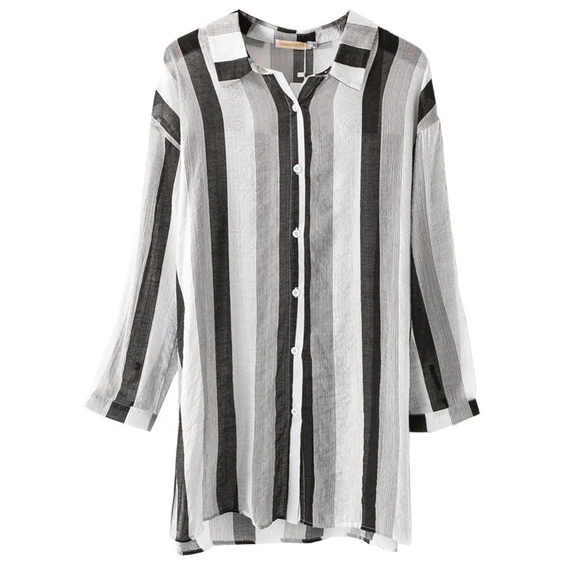 Plus Size Women Slim Look Korean Shirt Striped Casual Loose Blouse