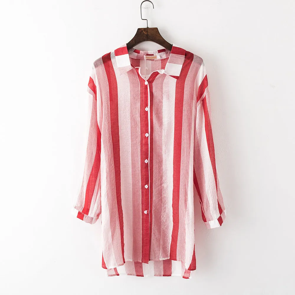 Plus Size Women Slim Look Korean Shirt Striped Casual Loose Blouse