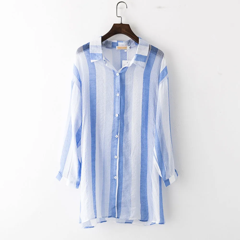 Plus Size Women Slim Look Korean Shirt Striped Casual Loose Blouse