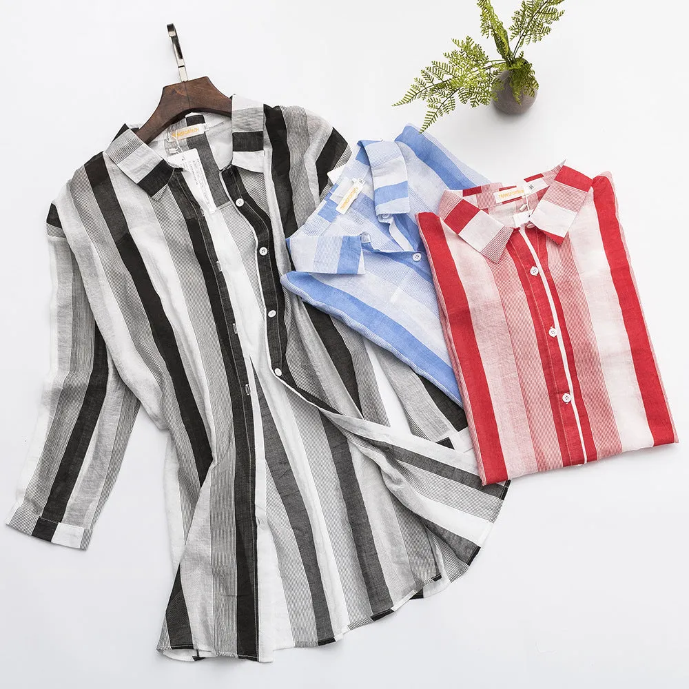 Plus Size Women Slim Look Korean Shirt Striped Casual Loose Blouse