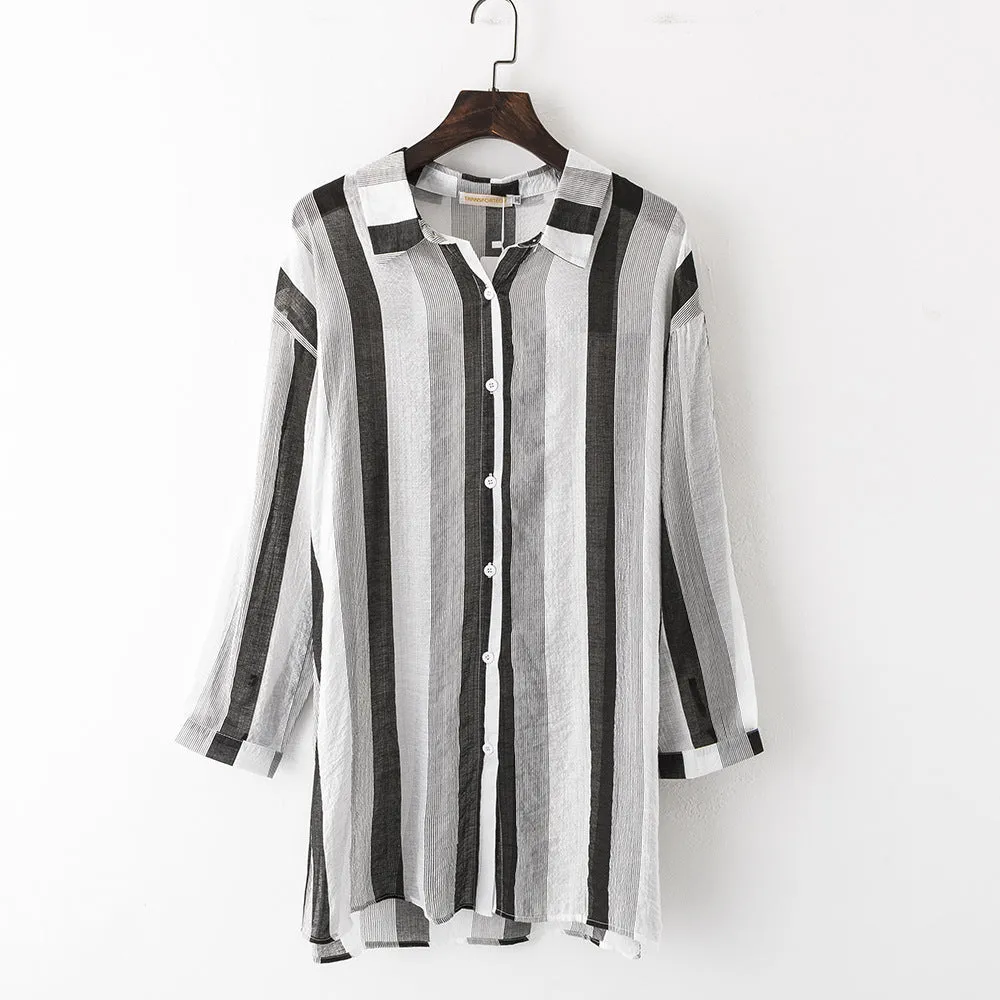 Plus Size Women Slim Look Korean Shirt Striped Casual Loose Blouse