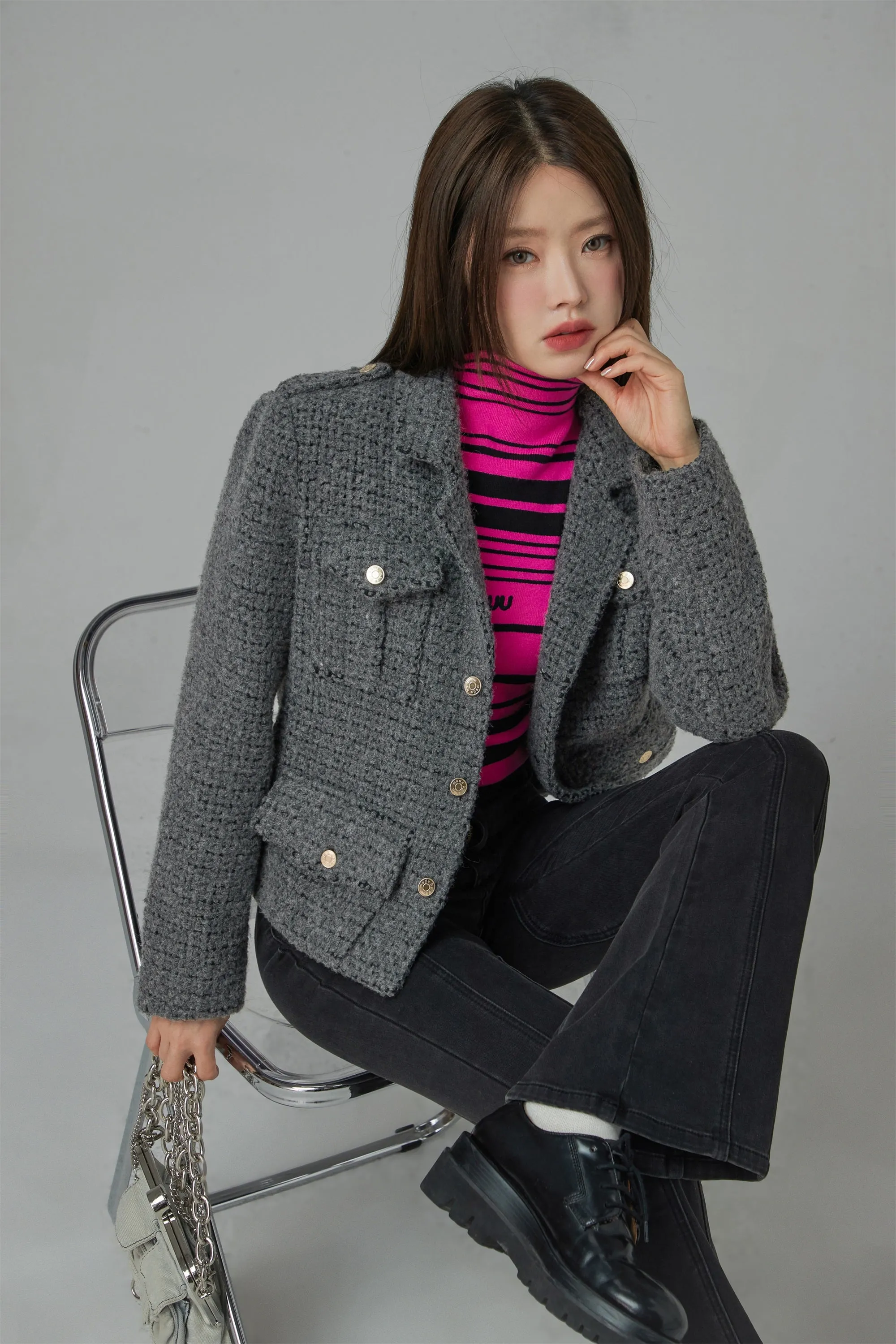 Pocket Tweed Crop Blazer Jacket