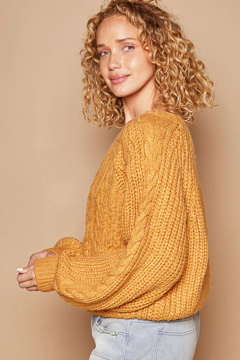 POL Cable Knit Cutout Long Sleeve Sweater