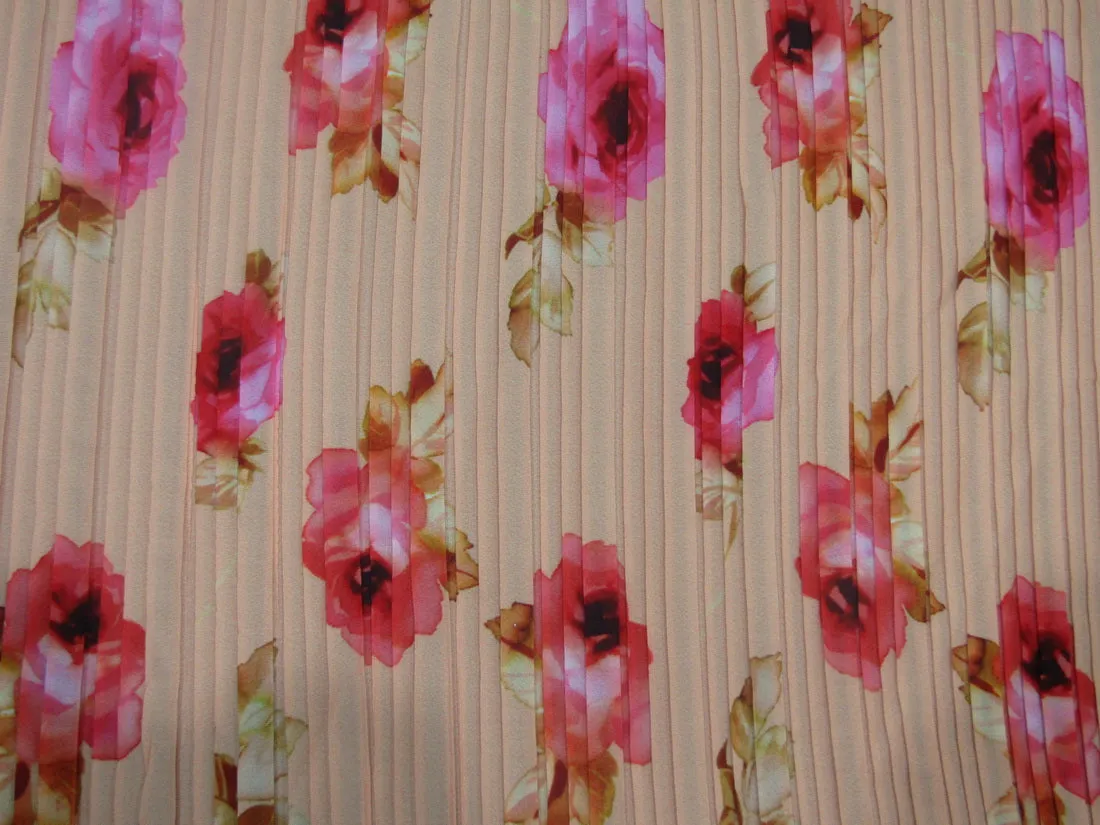 Polyester Pleated Printed Georgette Peach Fabric ~ 44&quot; wide