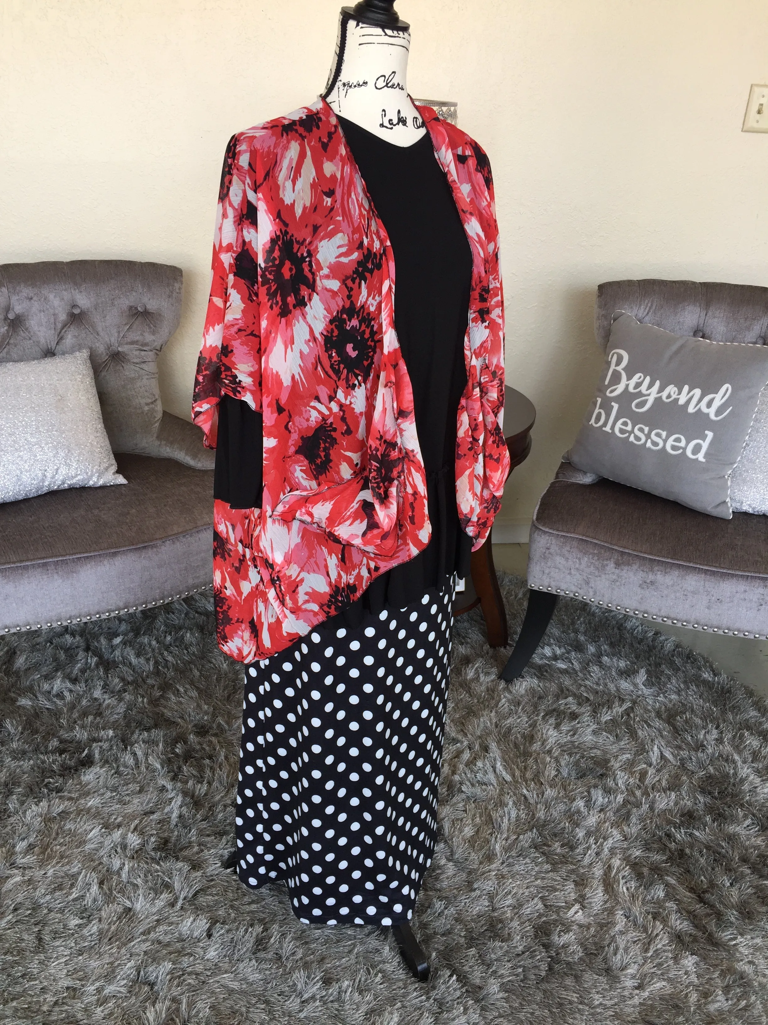 Red Floral Chiffon Kimono