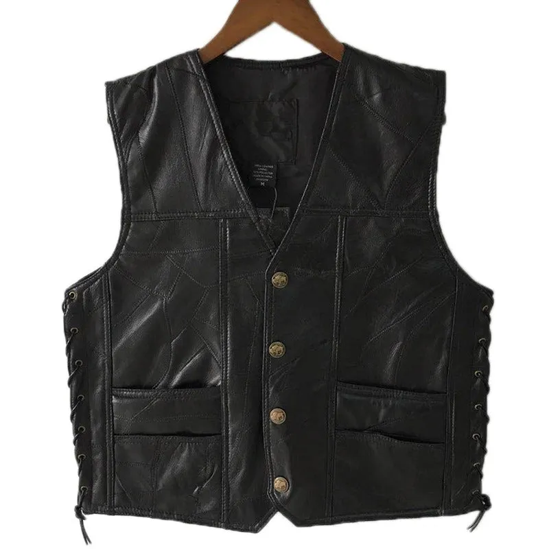 Rock Style Black Leather Vest / Men Sleeveless Jackets / Motorcycle Style Punk Clothing