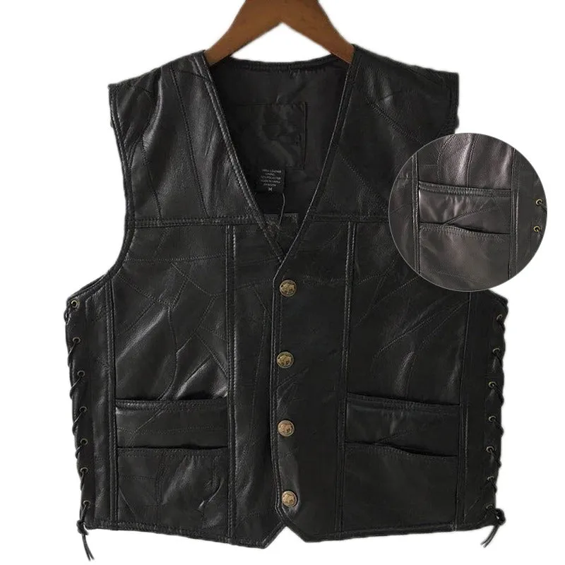 Rock Style Black Leather Vest / Men Sleeveless Jackets / Motorcycle Style Punk Clothing