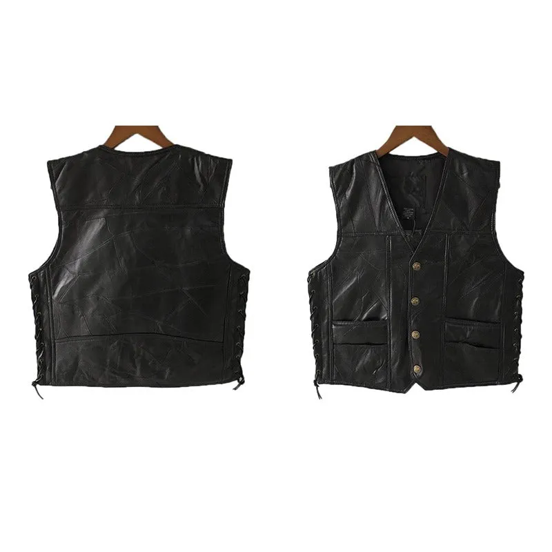 Rock Style Black Leather Vest / Men Sleeveless Jackets / Motorcycle Style Punk Clothing