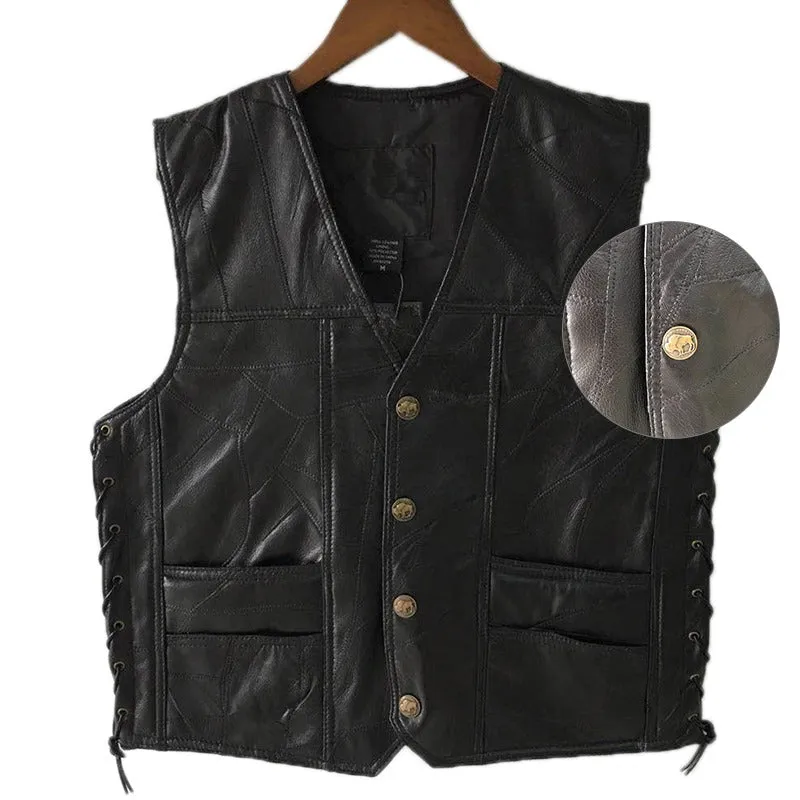 Rock Style Black Leather Vest / Men Sleeveless Jackets / Motorcycle Style Punk Clothing