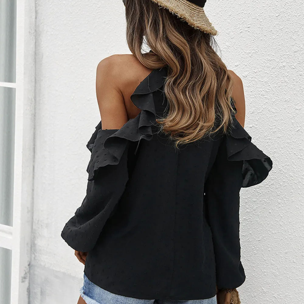 Ruffle Cold-Shoulder Polka Dots Blouse