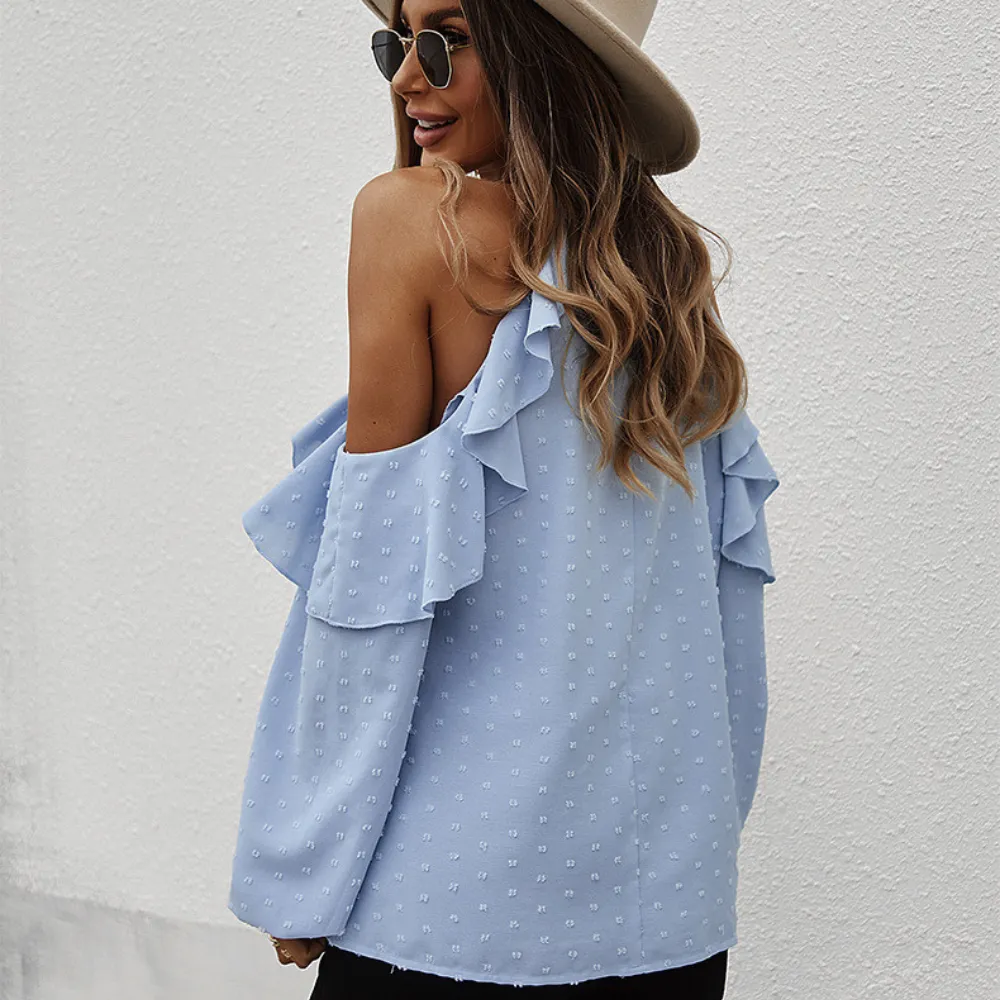 Ruffle Cold-Shoulder Polka Dots Blouse