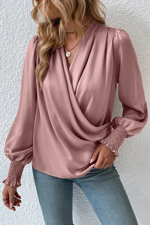 Satin Solid Color V-neck Lantern Sleeve Elegant Loose Shirt