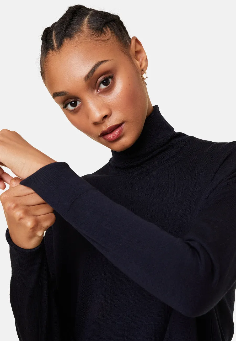 Semi Sheer Merino Silk and Cashmere Turtleneck Sweater - Navy