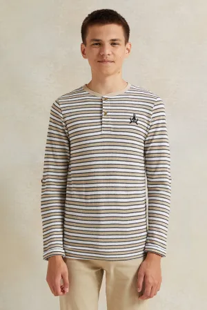 Senior Boys Beige Jacquard Long Sleeve Striped T-Shirt