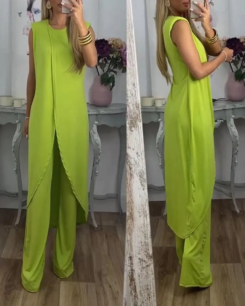 Slit Sleeveless Longline Top & Pants Set