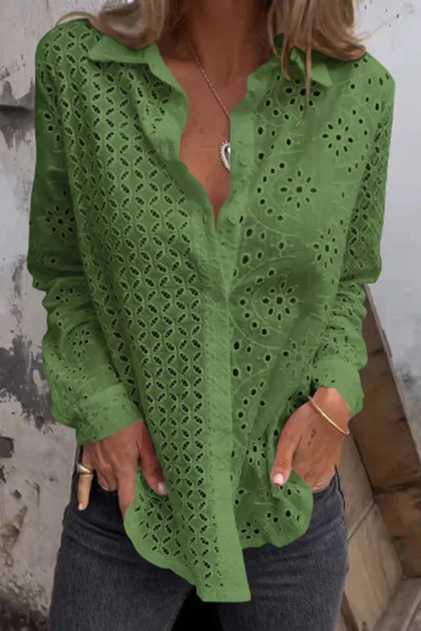 Solid Color Cutout Long-sleeved Loose Button-down Shirt