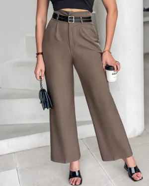 Solid Pocket Design High Waist Work Pants With Belt