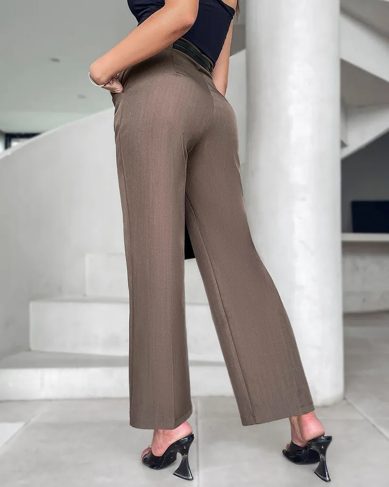 Solid Pocket Design High Waist Work Pants With Belt