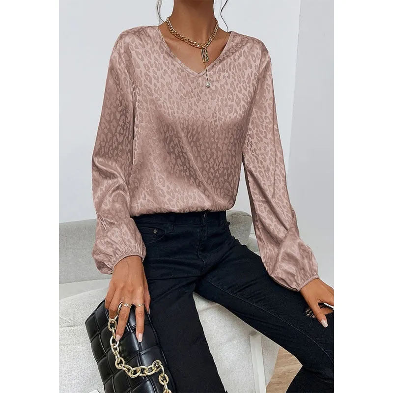 Sonicelife  Women Dot Print Blouse V Neck Long Sleeves Apricot Jacquard Office Women Casual Tops 2024 Spring Summer Solid Blouses