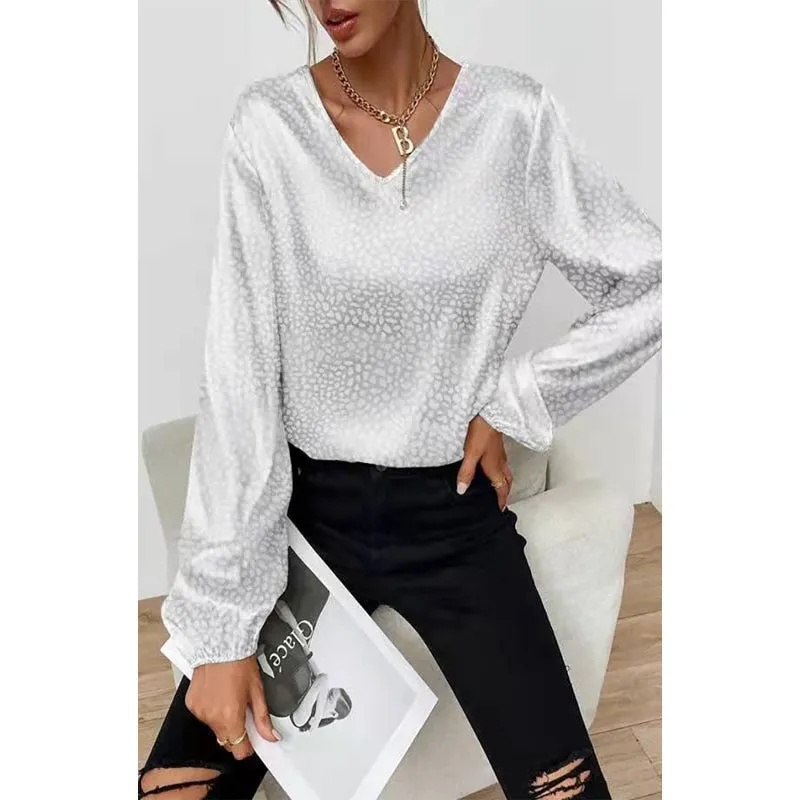 Sonicelife  Women Dot Print Blouse V Neck Long Sleeves Apricot Jacquard Office Women Casual Tops 2024 Spring Summer Solid Blouses