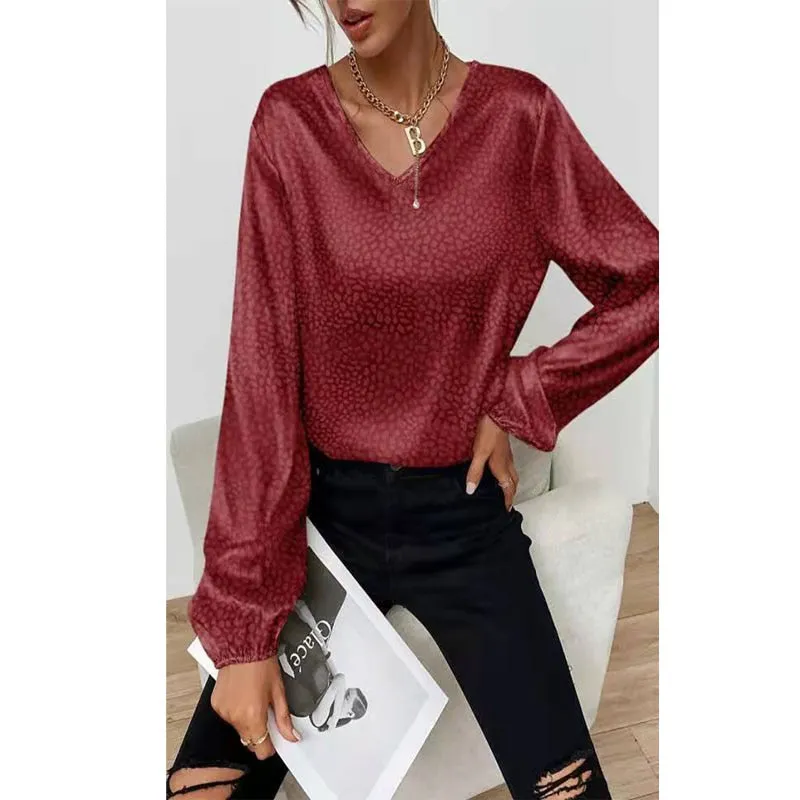 Sonicelife  Women Dot Print Blouse V Neck Long Sleeves Apricot Jacquard Office Women Casual Tops 2024 Spring Summer Solid Blouses