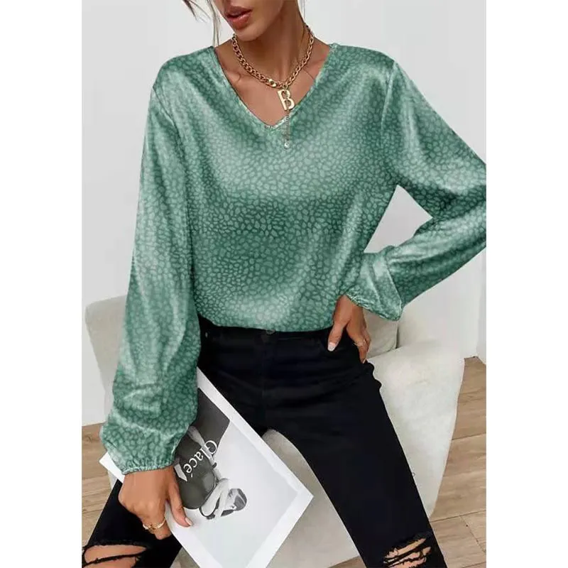 Sonicelife  Women Dot Print Blouse V Neck Long Sleeves Apricot Jacquard Office Women Casual Tops 2024 Spring Summer Solid Blouses