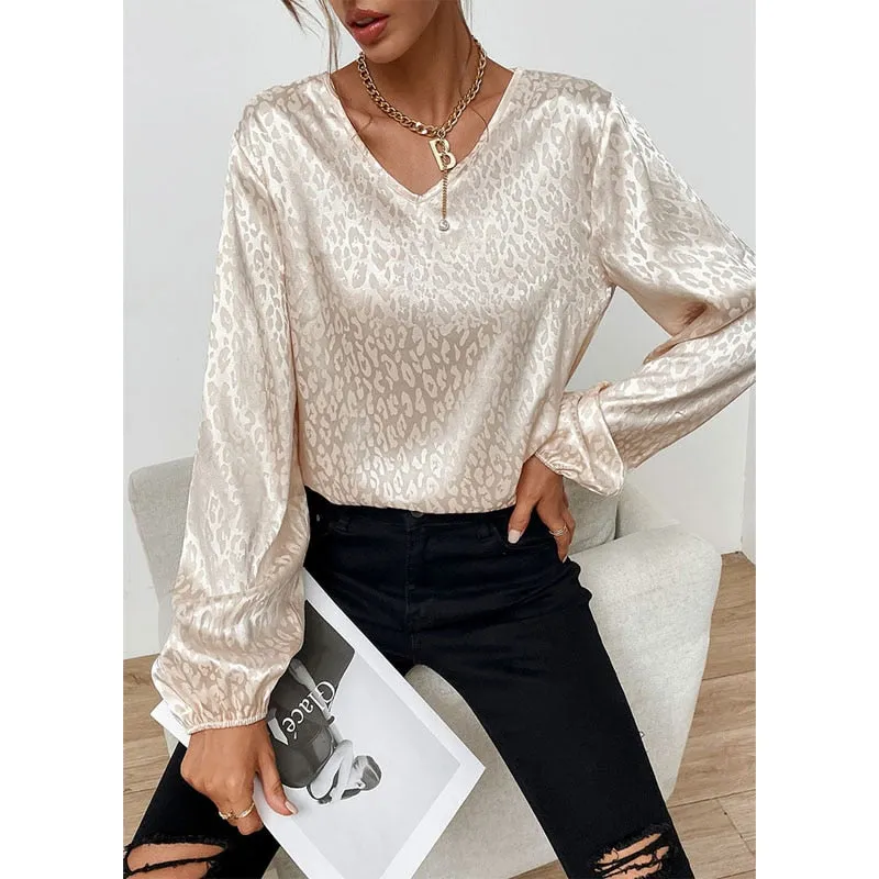 Sonicelife  Women Dot Print Blouse V Neck Long Sleeves Apricot Jacquard Office Women Casual Tops 2024 Spring Summer Solid Blouses