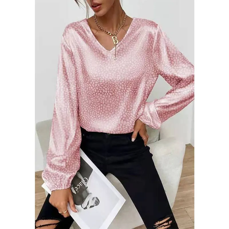 Sonicelife  Women Dot Print Blouse V Neck Long Sleeves Apricot Jacquard Office Women Casual Tops 2024 Spring Summer Solid Blouses