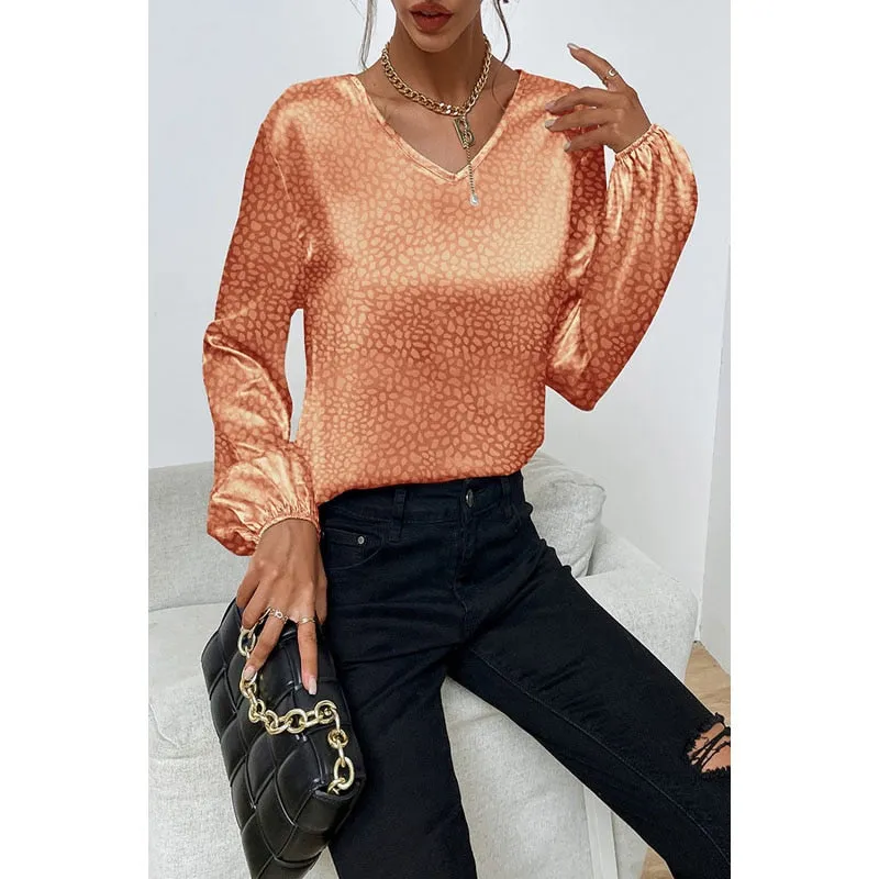 Sonicelife  Women Dot Print Blouse V Neck Long Sleeves Apricot Jacquard Office Women Casual Tops 2024 Spring Summer Solid Blouses