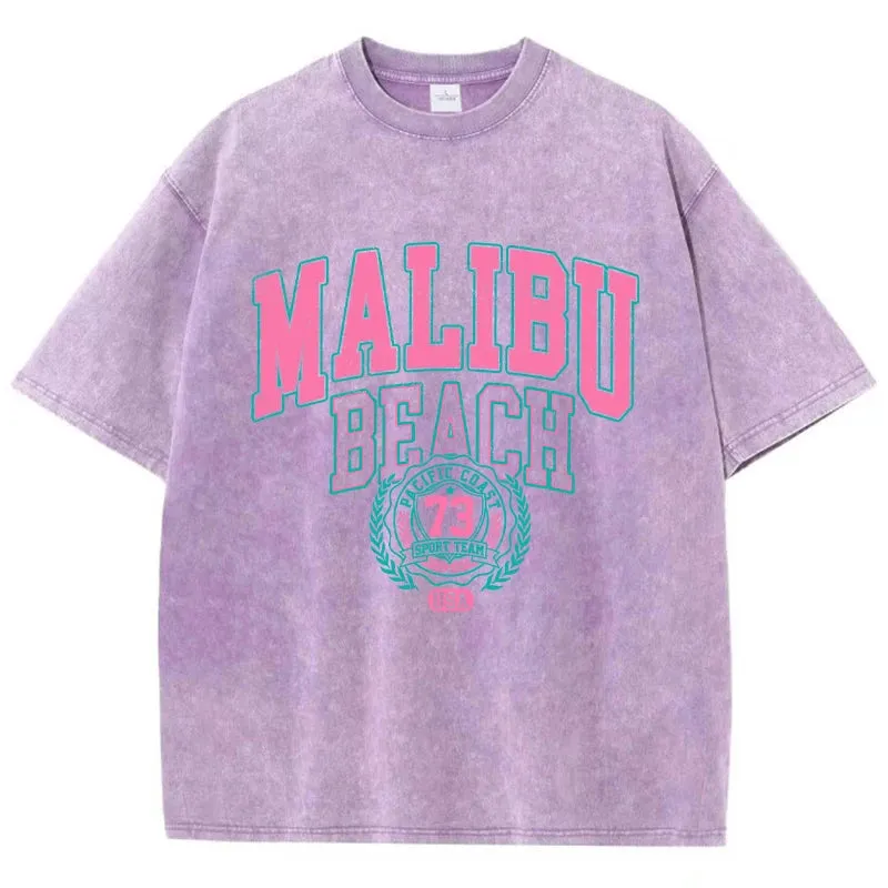 Street Women Cotton Washed T-Shirt Malibu Beach Loose Tee