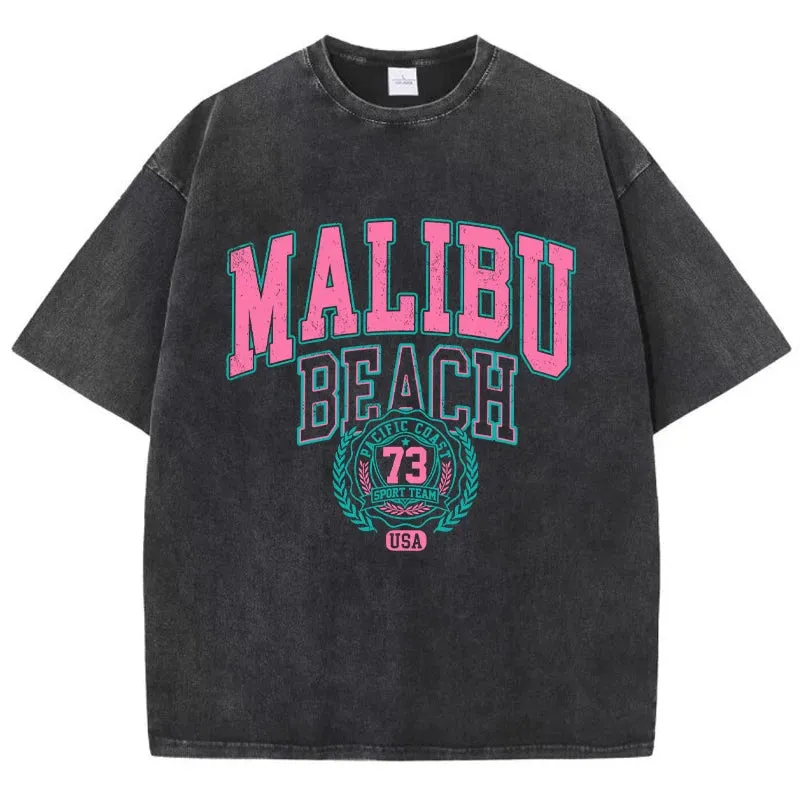 Street Women Cotton Washed T-Shirt Malibu Beach Loose Tee