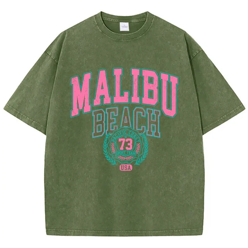 Street Women Cotton Washed T-Shirt Malibu Beach Loose Tee