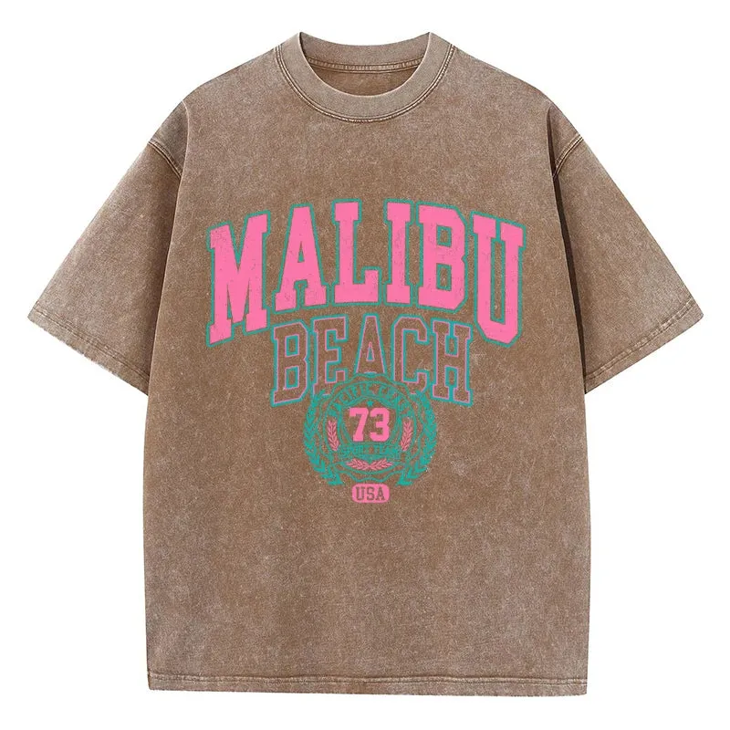 Street Women Cotton Washed T-Shirt Malibu Beach Loose Tee