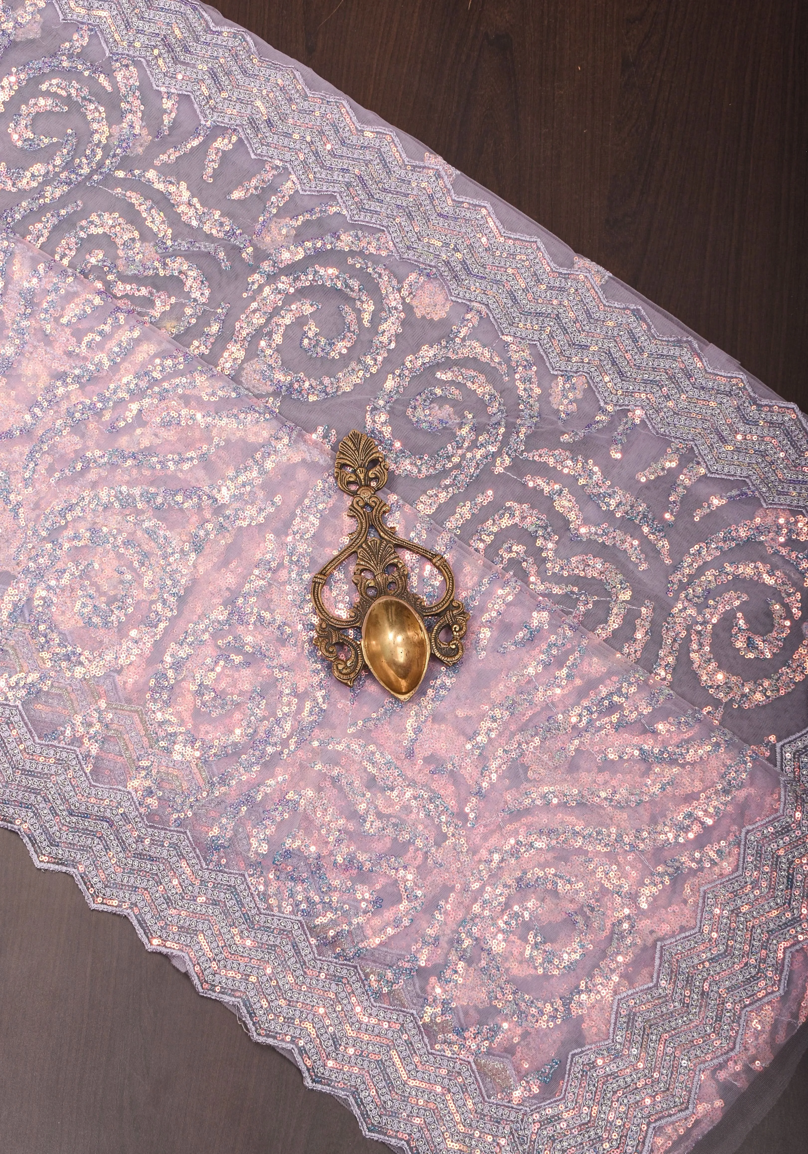 Swirls Design Dusty Pastel lavender Net Saree with sequins