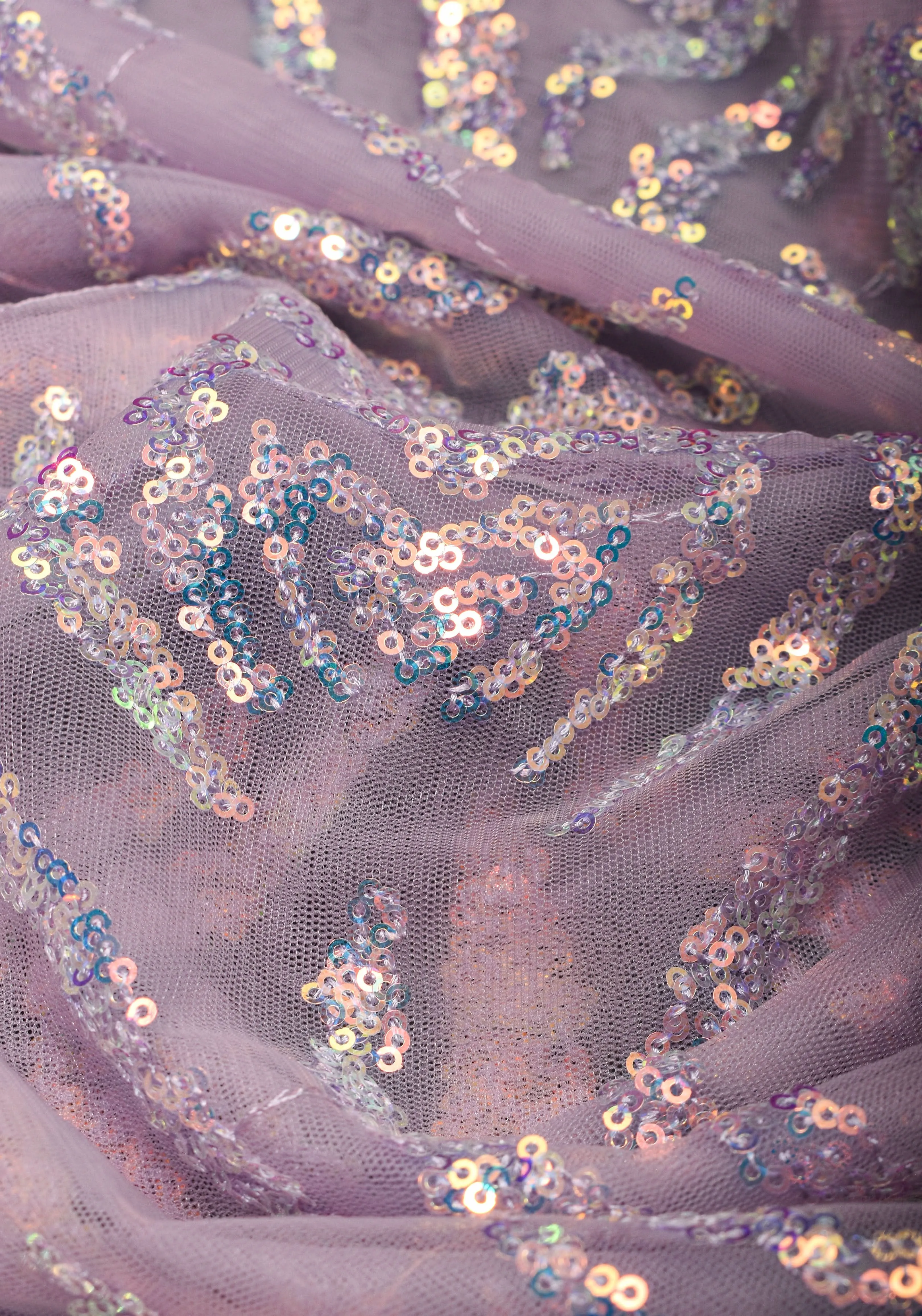 Swirls Design Dusty Pastel lavender Net Saree with sequins